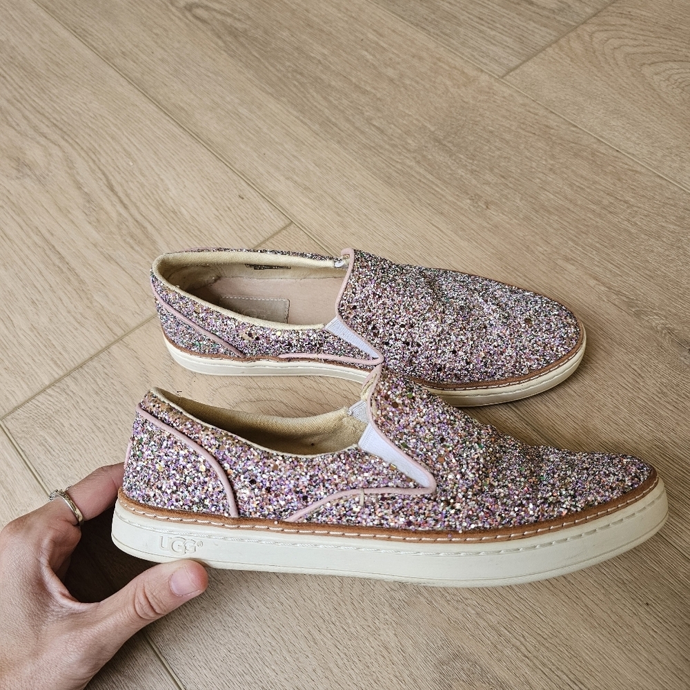 UGG Adley Pink Chunky Glitter Confetti Slip On Leather Shoes - Picture 3 of 10